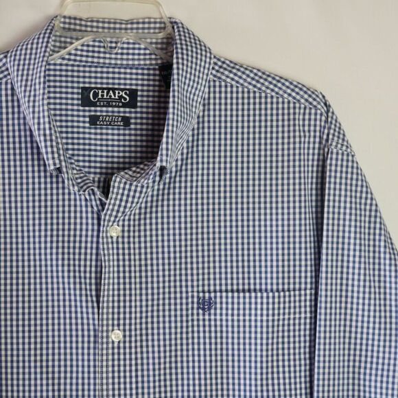 Chaps Men's 2XL Long Sleeve Shirt Easy Care Stretch Blue White Checkered - Picture 2 of 13